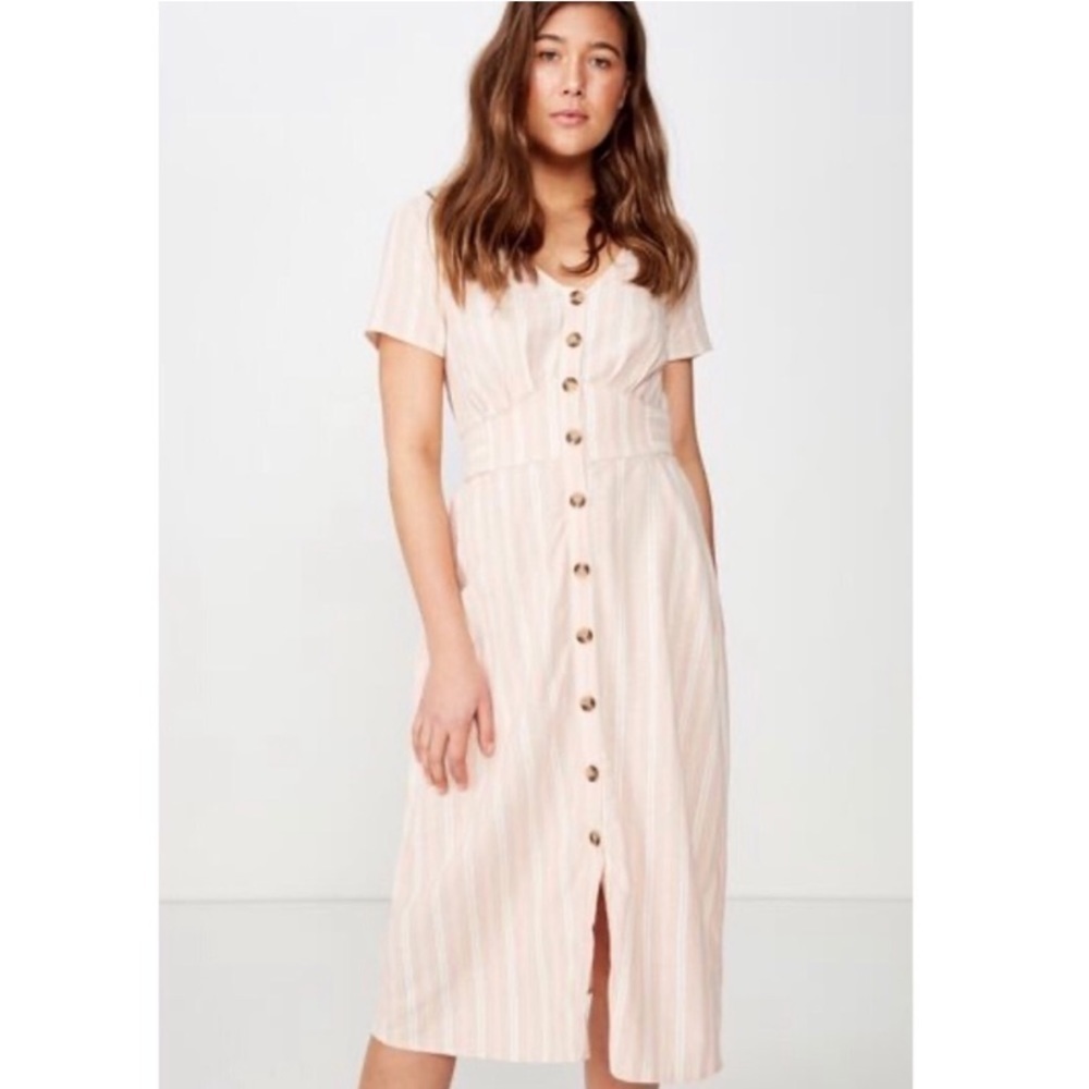 Cotton On linen Cherry Front Button Midi Dress Dusty Pink Striped